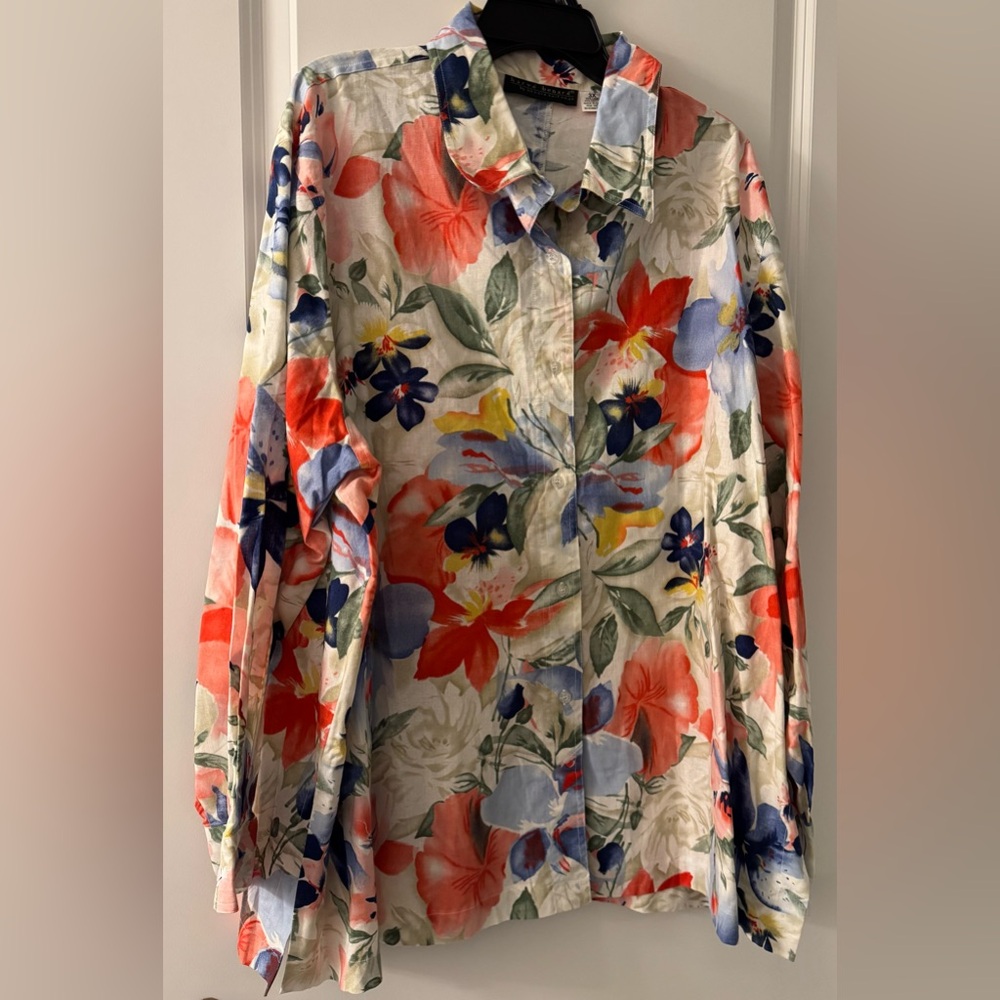 #2447 harvé benard Linen & Cotton Blend Long Sleeve Tunic Blouse Colorful Floral